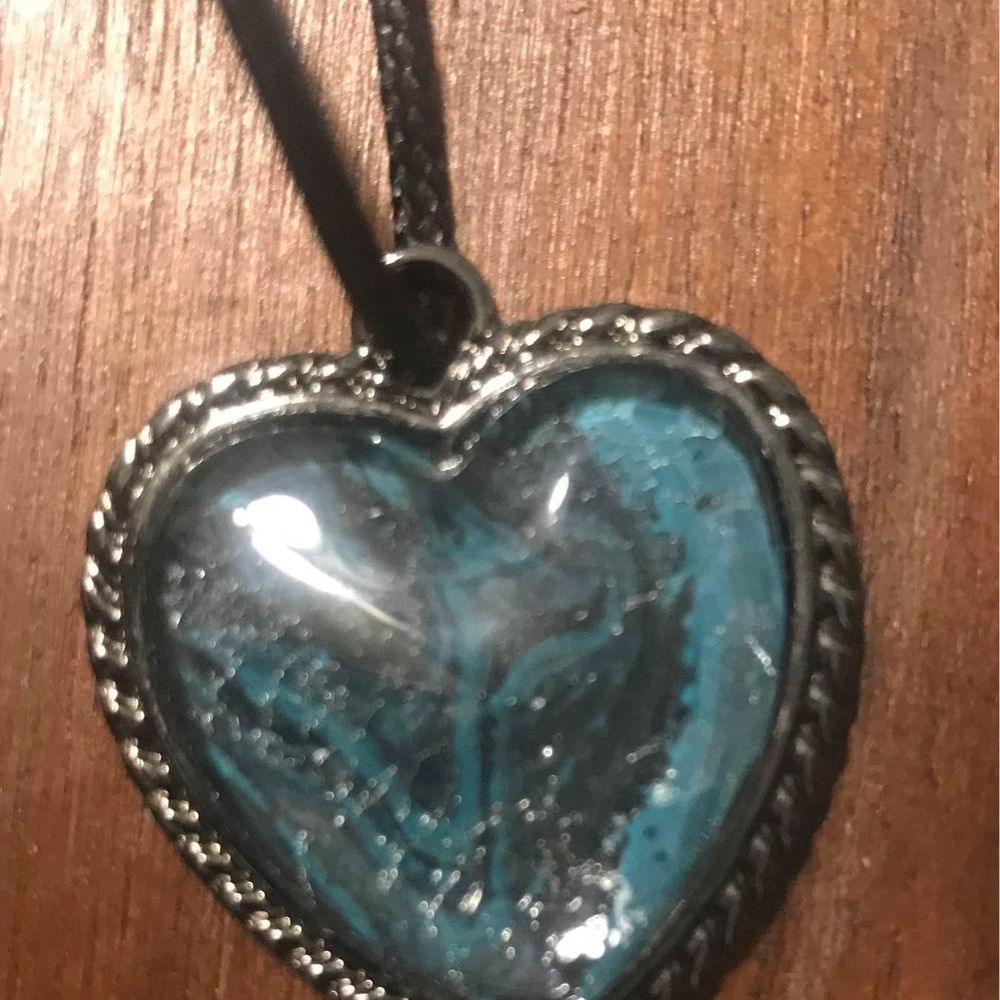 Hand painted heart pendant necklace blue black on black cord chain